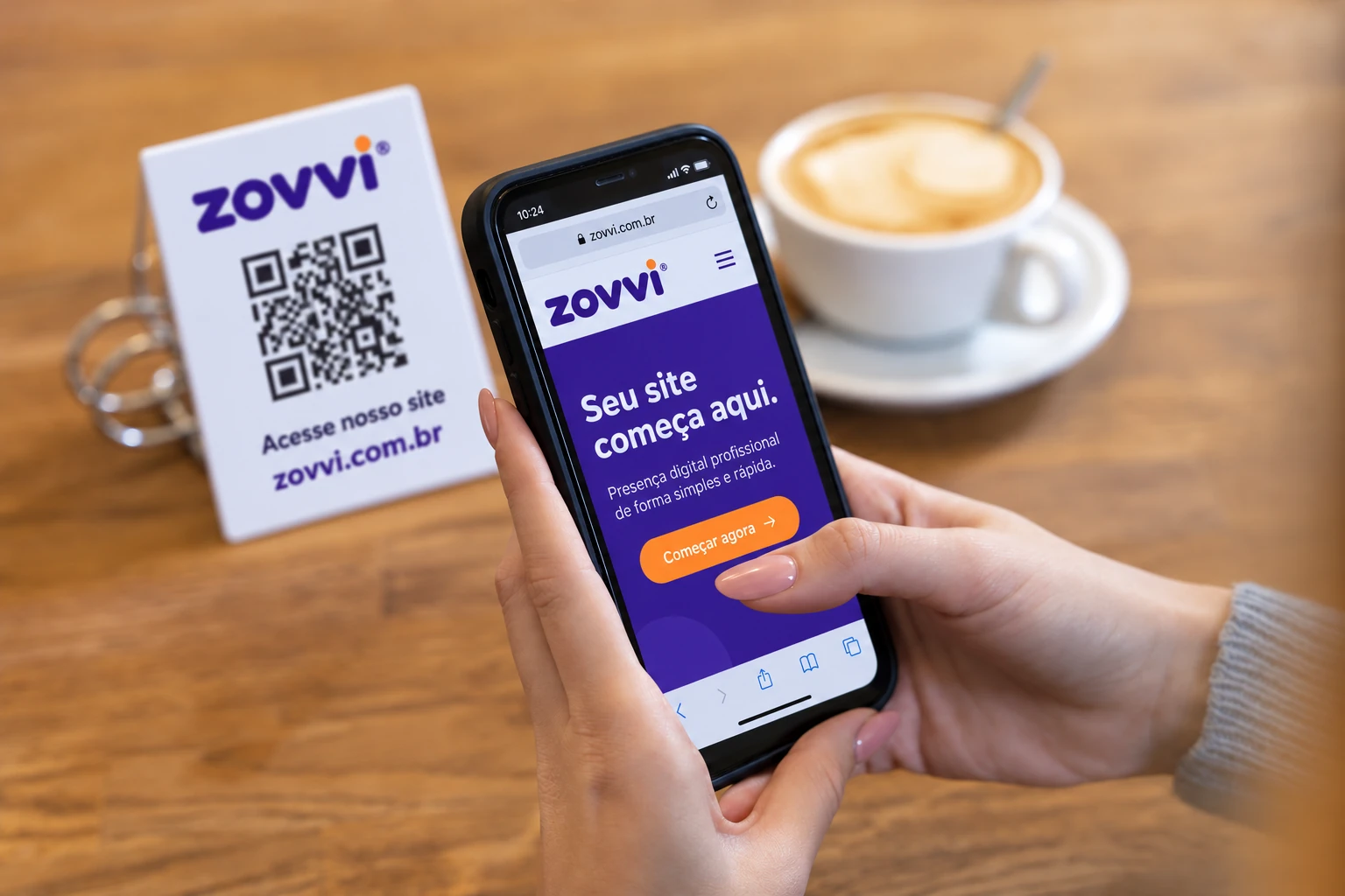 Person opening the Zovvi website from a QR sign