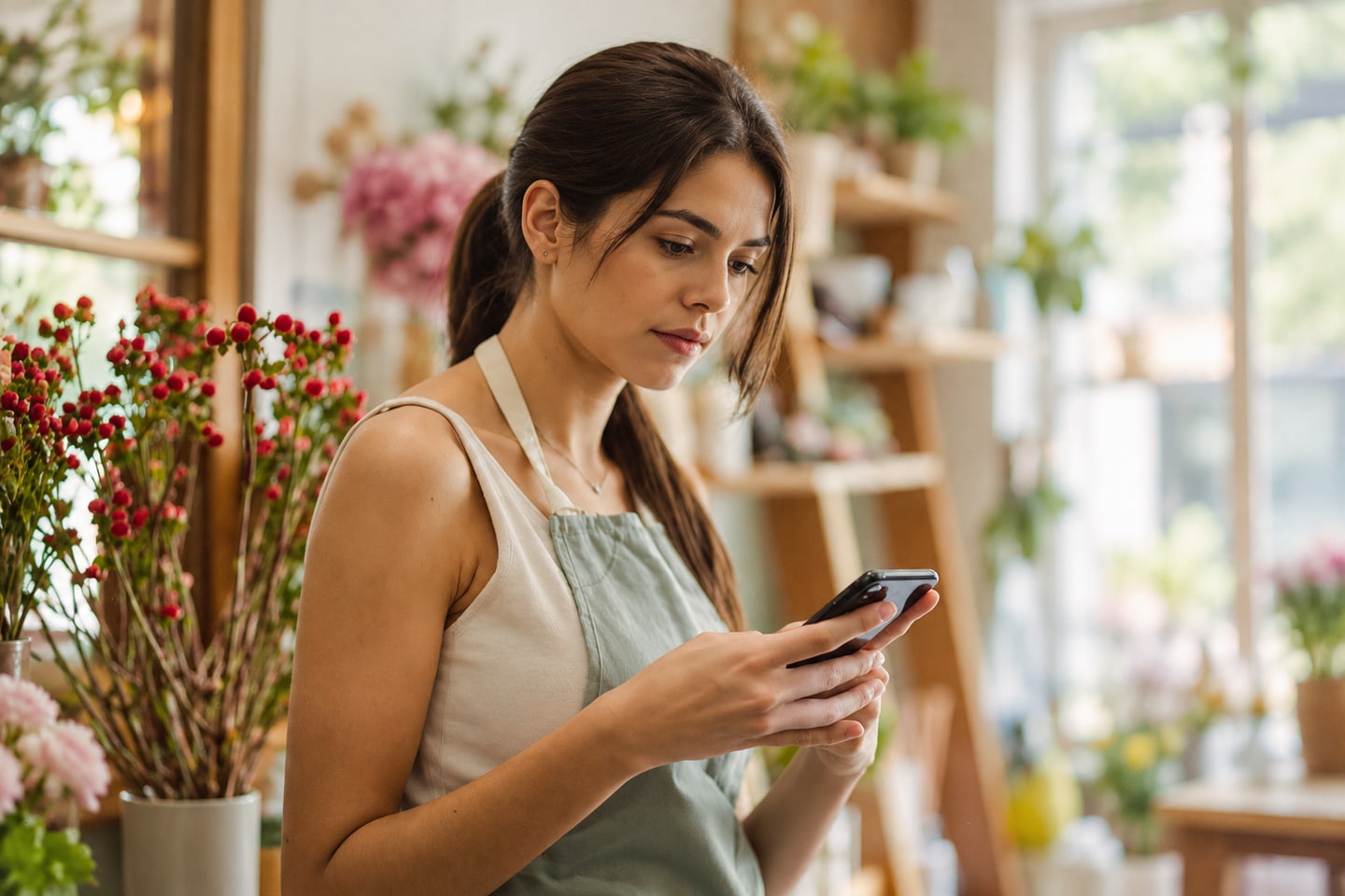 A person using a phone during the working day at a flower shop.