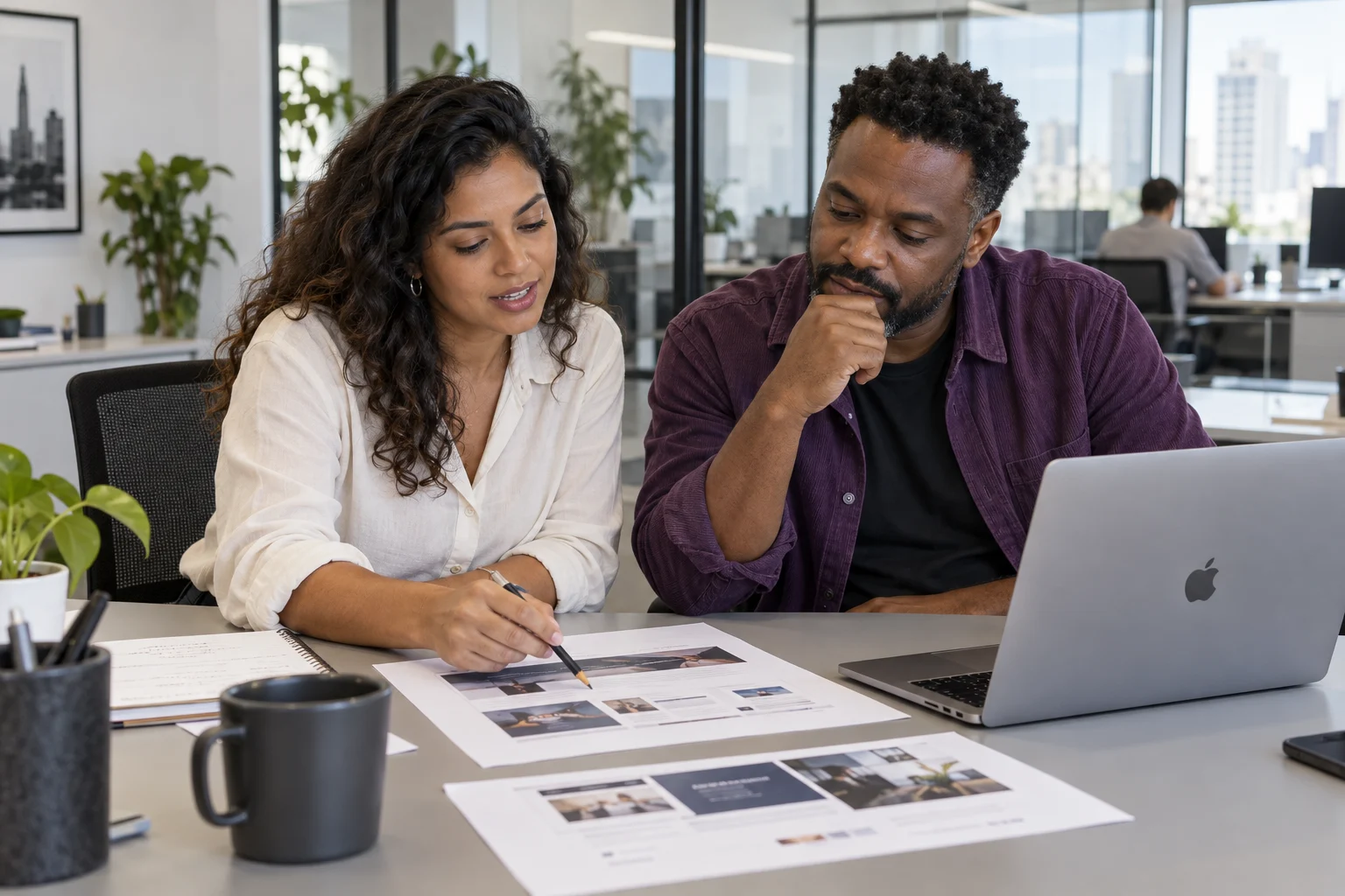 Two Brazilian professionals reviewing a campaign page at an agency