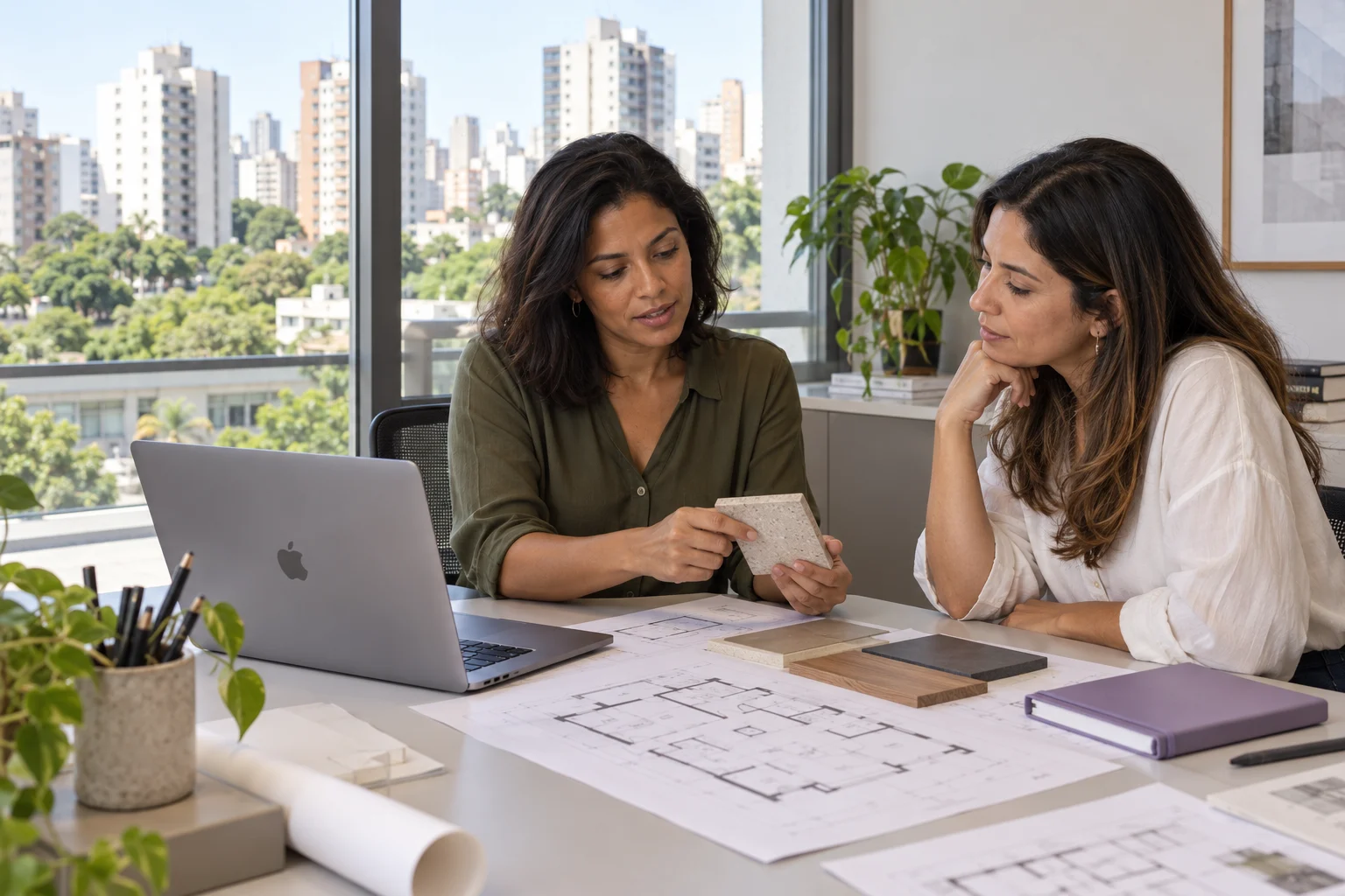 Architect discussing materials and a project with a client in Brazil