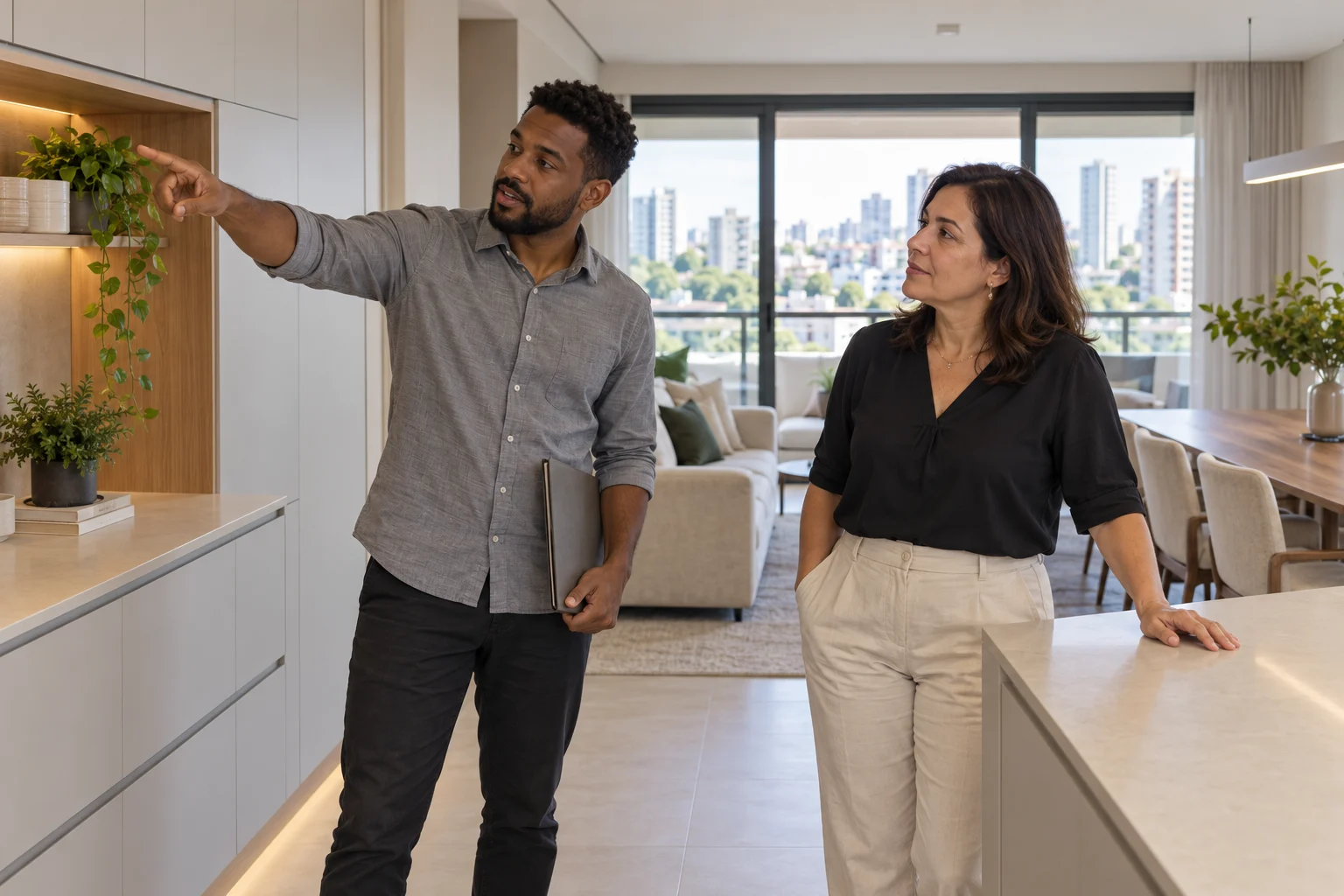 Architect and client discussing the details of a contemporary Brazilian apartment