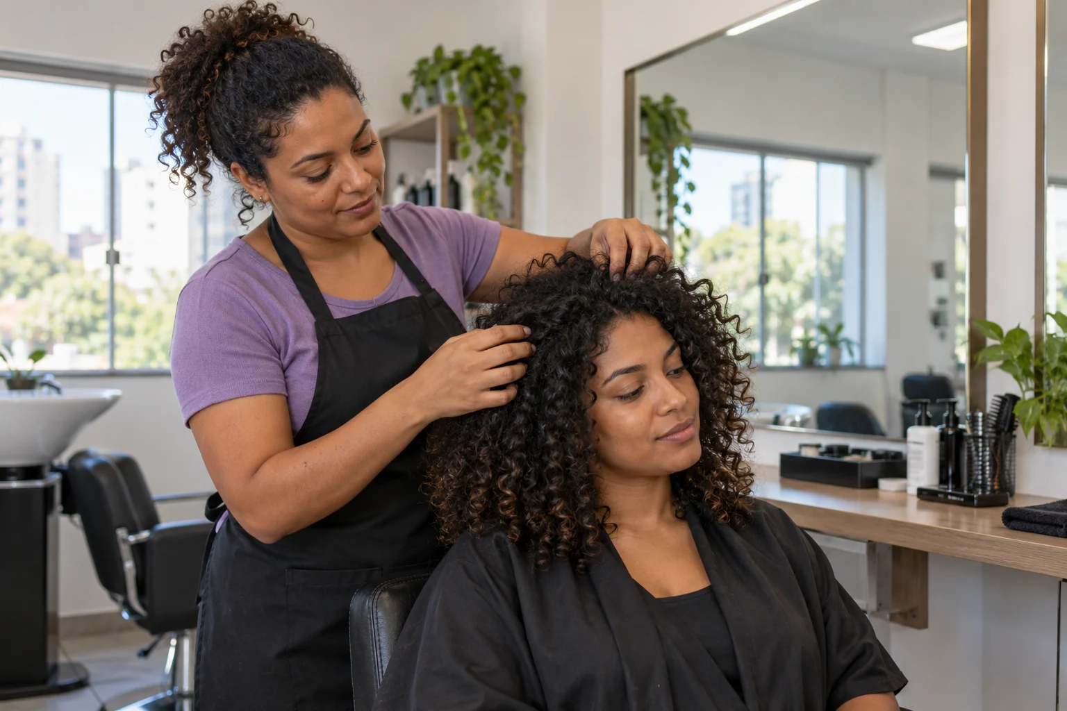Brazilian hairdresser helping a client in a contemporary salon