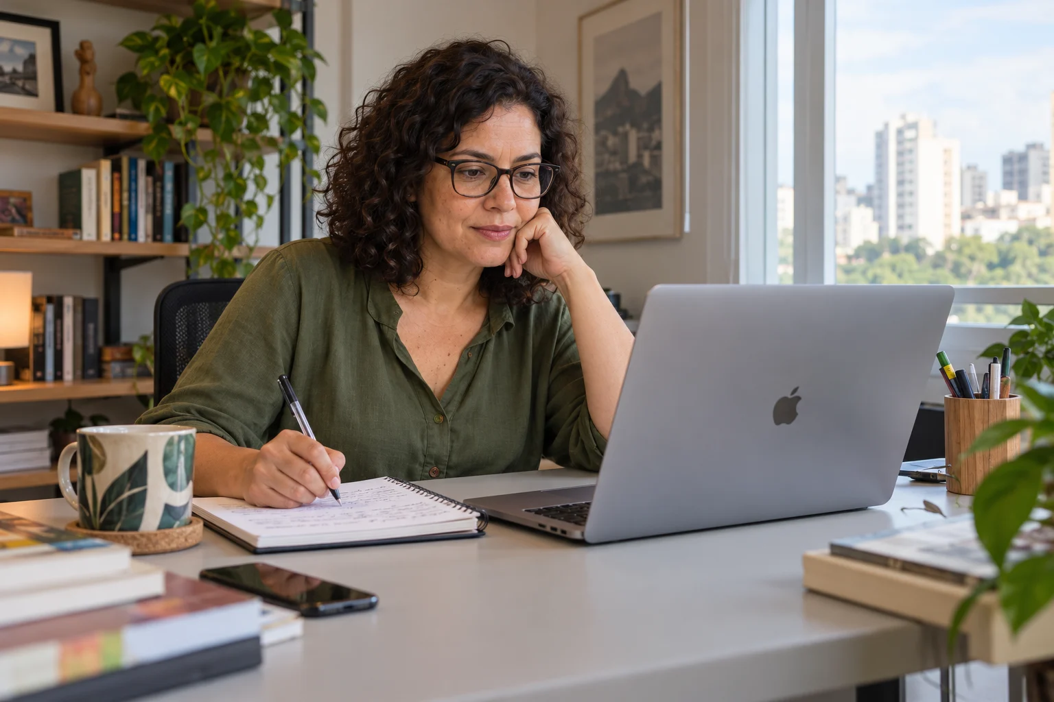 Brazilian blogger writing and consulting her notes in an office