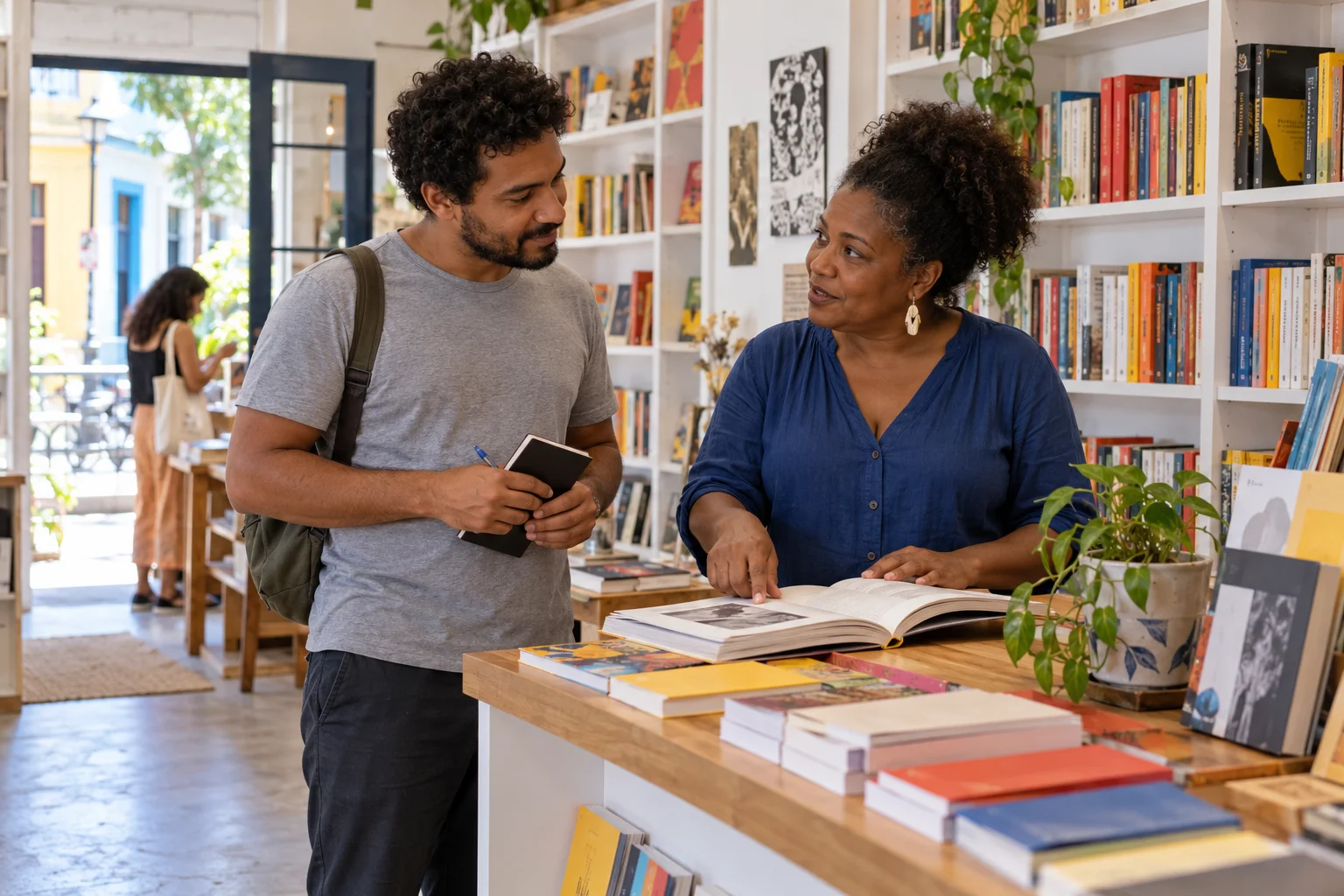 Brazilian blogger speaking with a bookseller while preparing a story