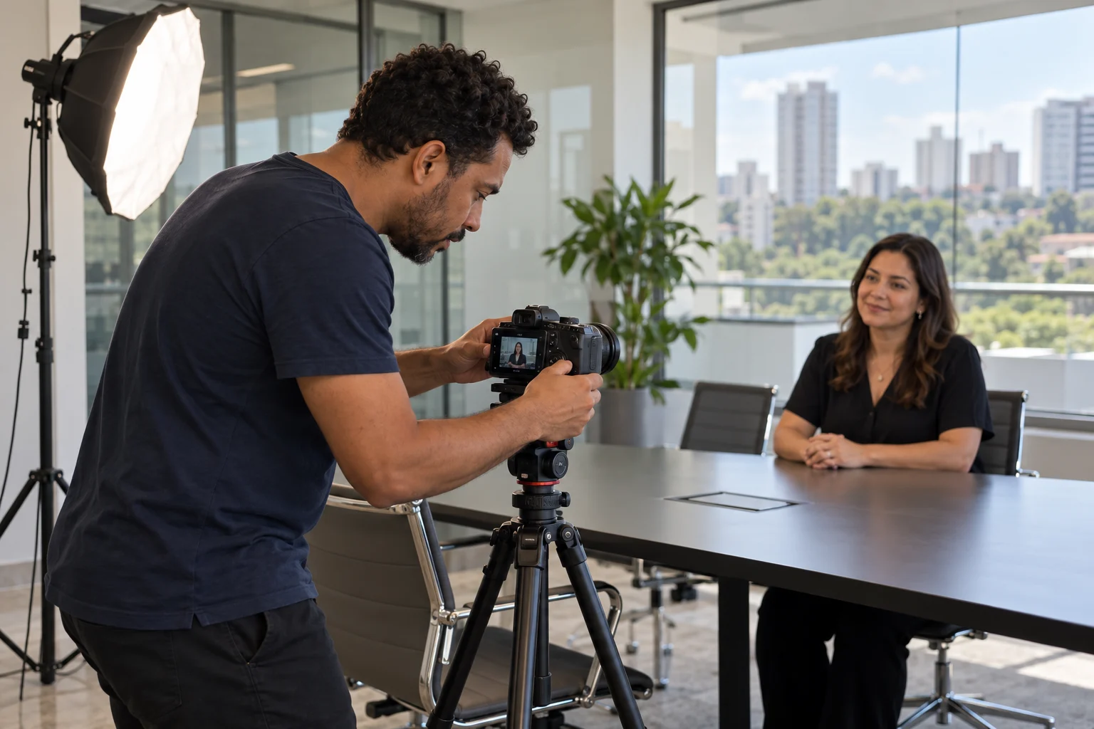 Brazilian video producer setting up a camera for a business interview