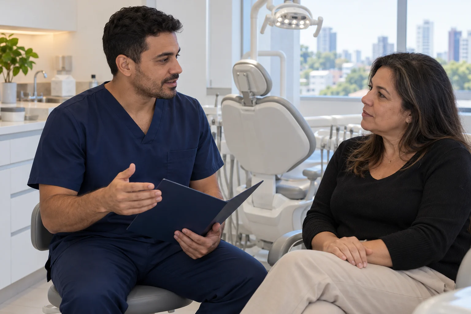 Dentist speaking with a visitor in a Brazilian dental clinic