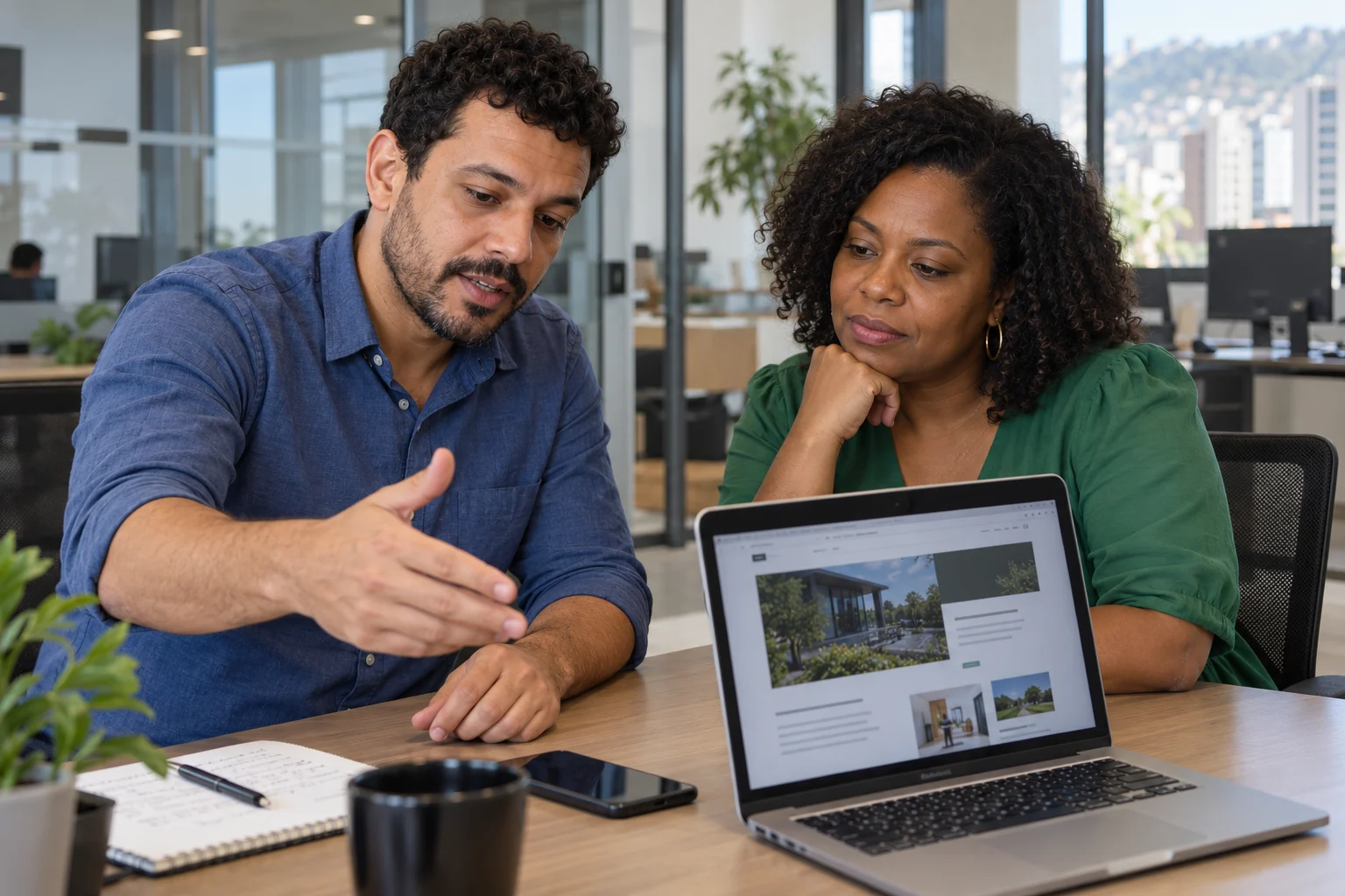 Brazilian web designer showing a website layout to a business owner