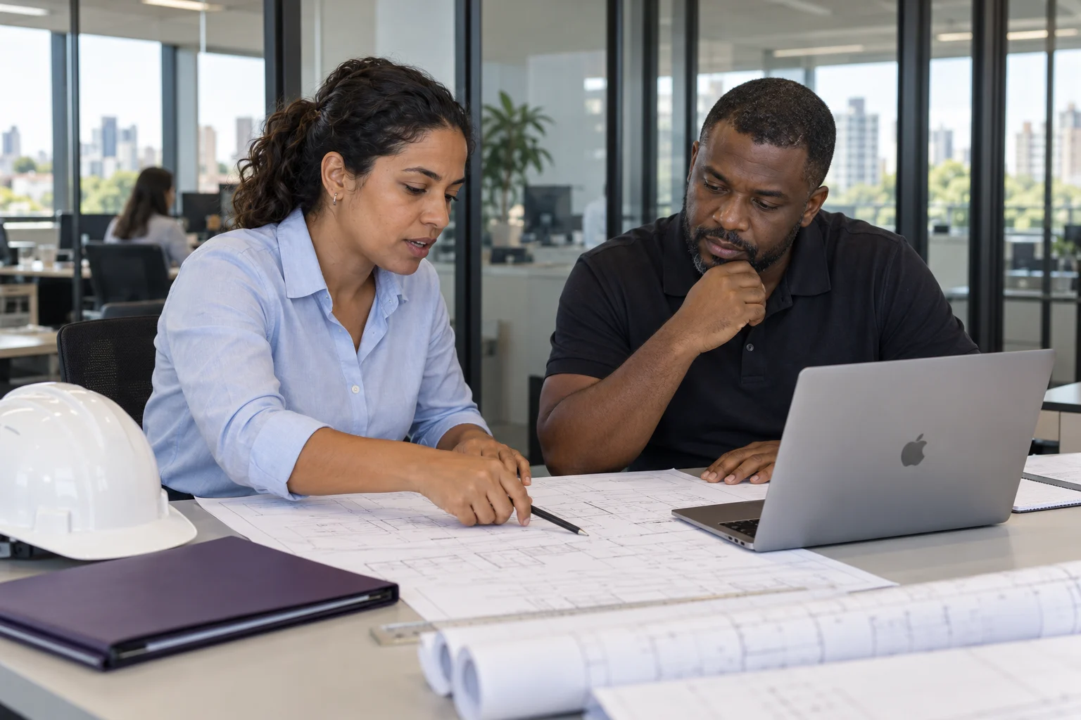 Engineering professionals reviewing a project in an office in Brazil