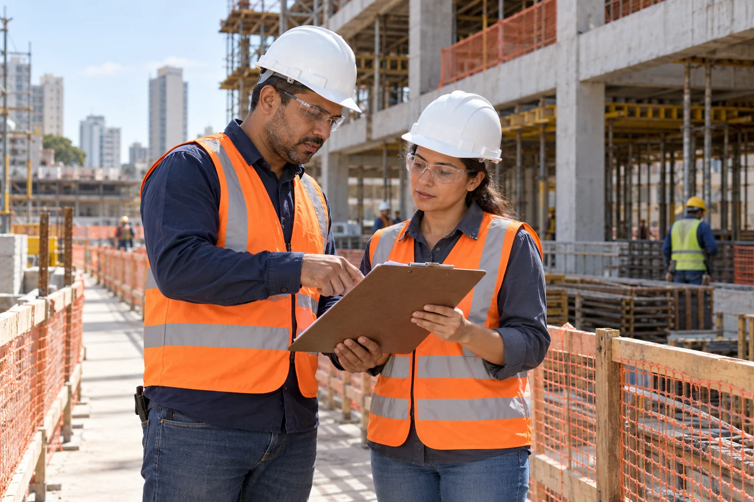 Engineers wearing protective equipment reviewing information at a Brazilian construction site