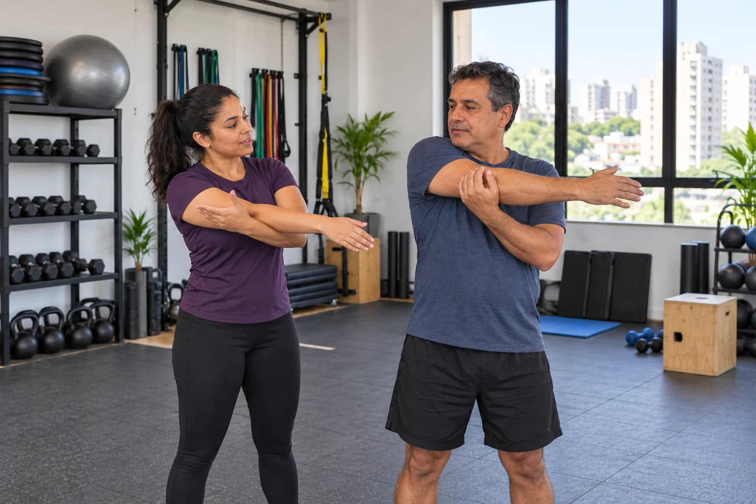 Profesional del entrenamiento físico orientando a un alumno en un estudio brasileño