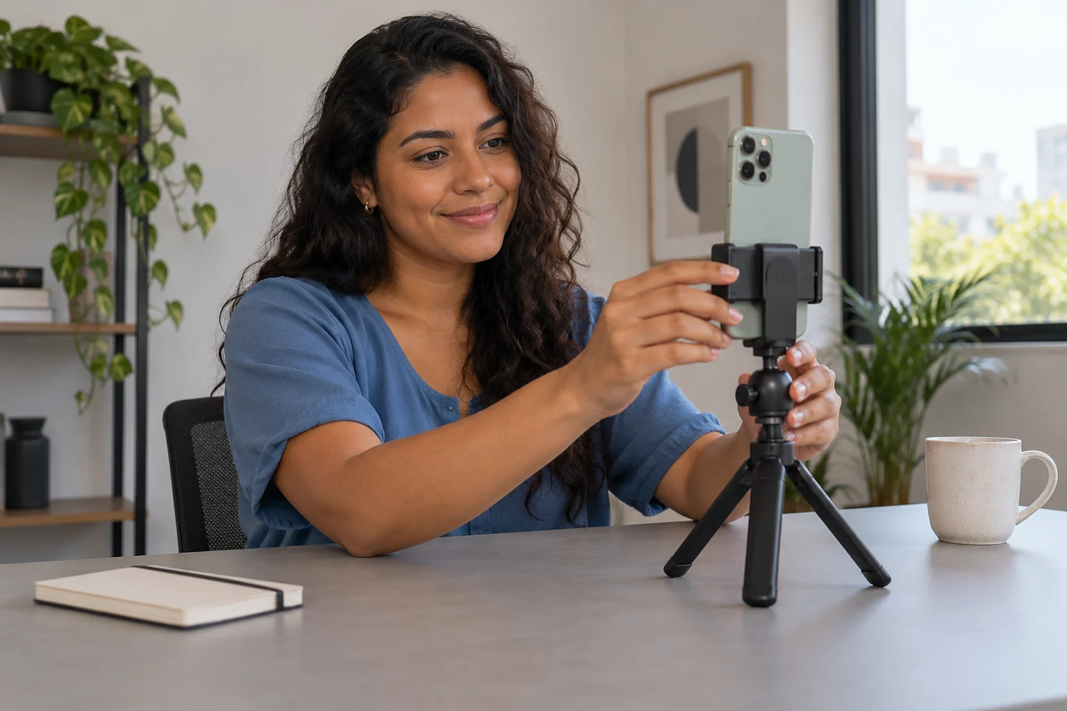 Influencer brasileña preparando una grabación con el móvil en un estudio