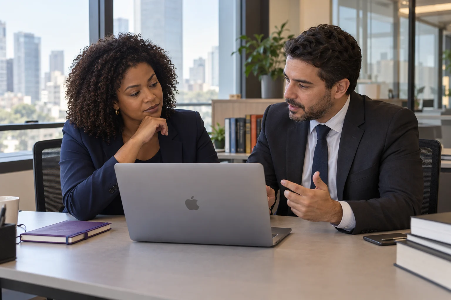 Legal professionals talking in a contemporary office in Brazil