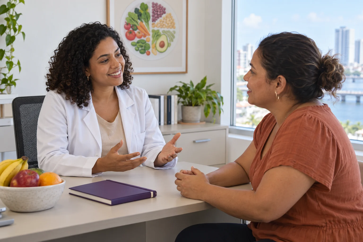 Nutritionist speaking with a visitor in a consultation office in Brazil