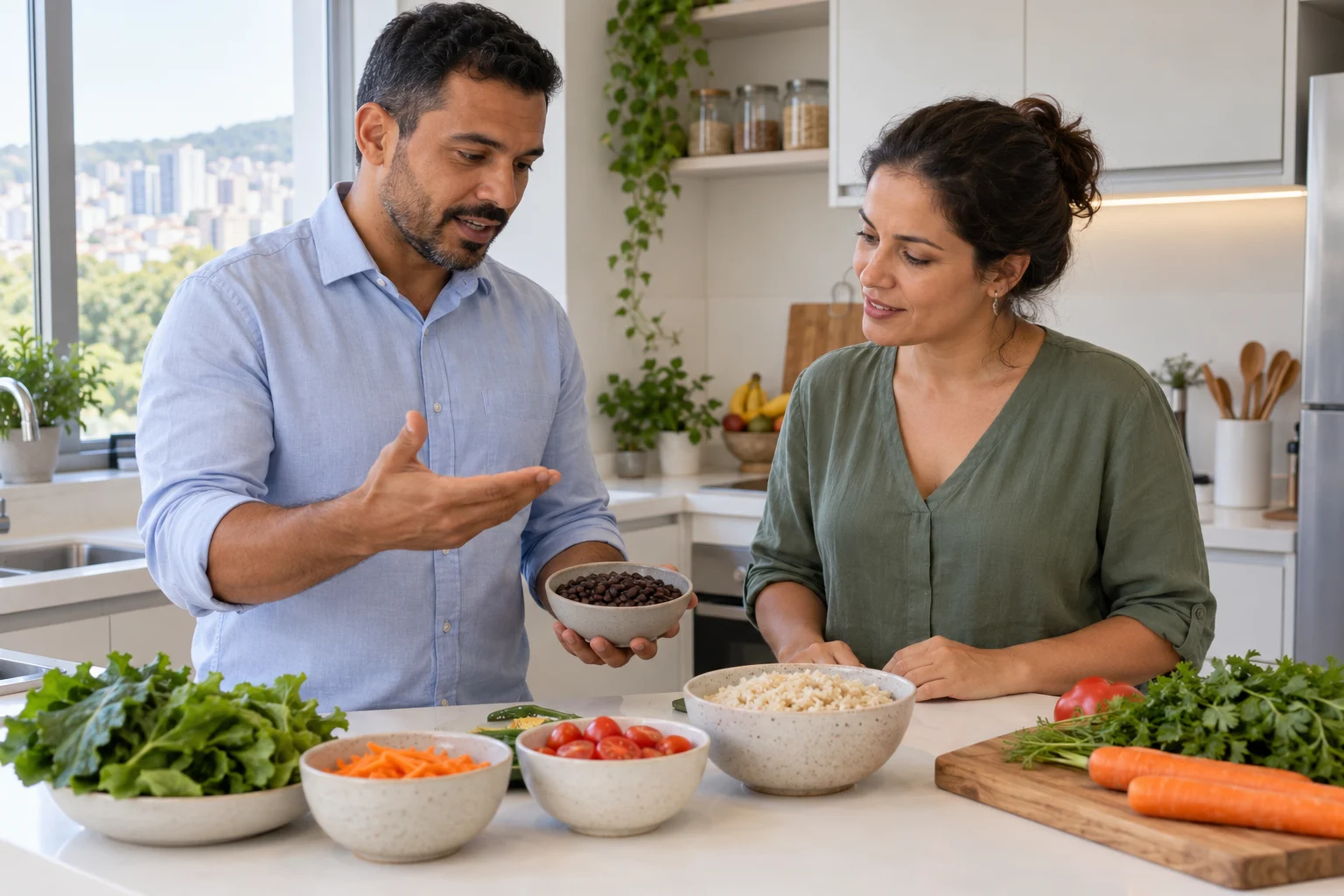 Professionals discussing food in a Brazilian nutrition education space