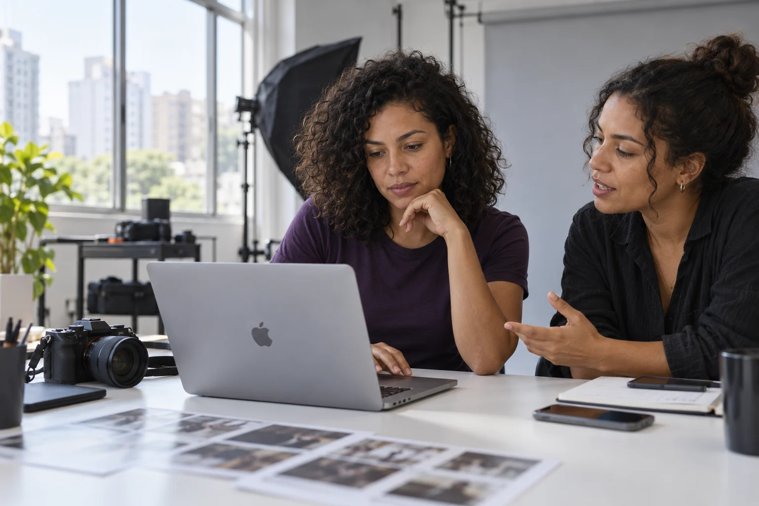 Photographers reviewing images in a contemporary studio in Brazil
