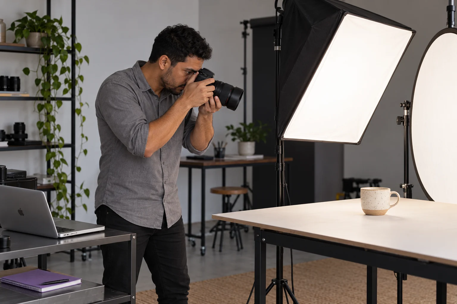 Photographer working on a product shoot in a Brazilian studio