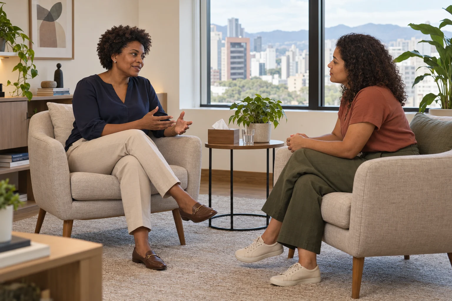 Psicóloga conversando com uma visitante em um consultório contemporâneo no Brasil