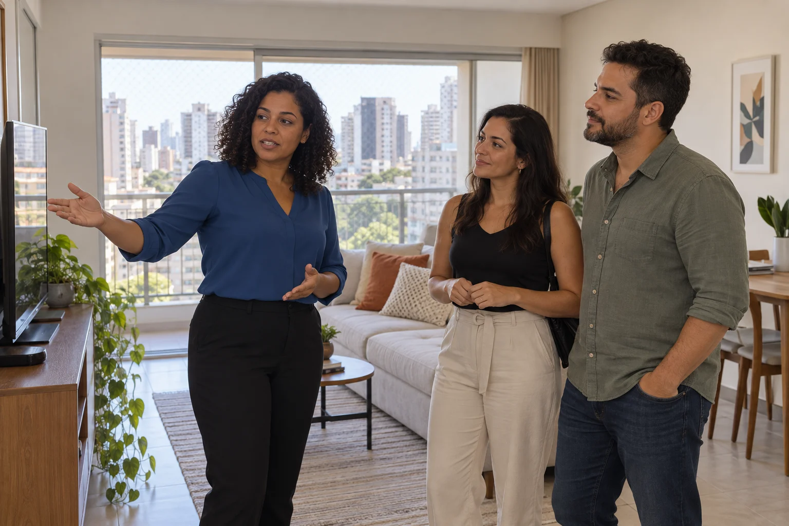 Brazilian real estate professional showing an apartment to adult clients