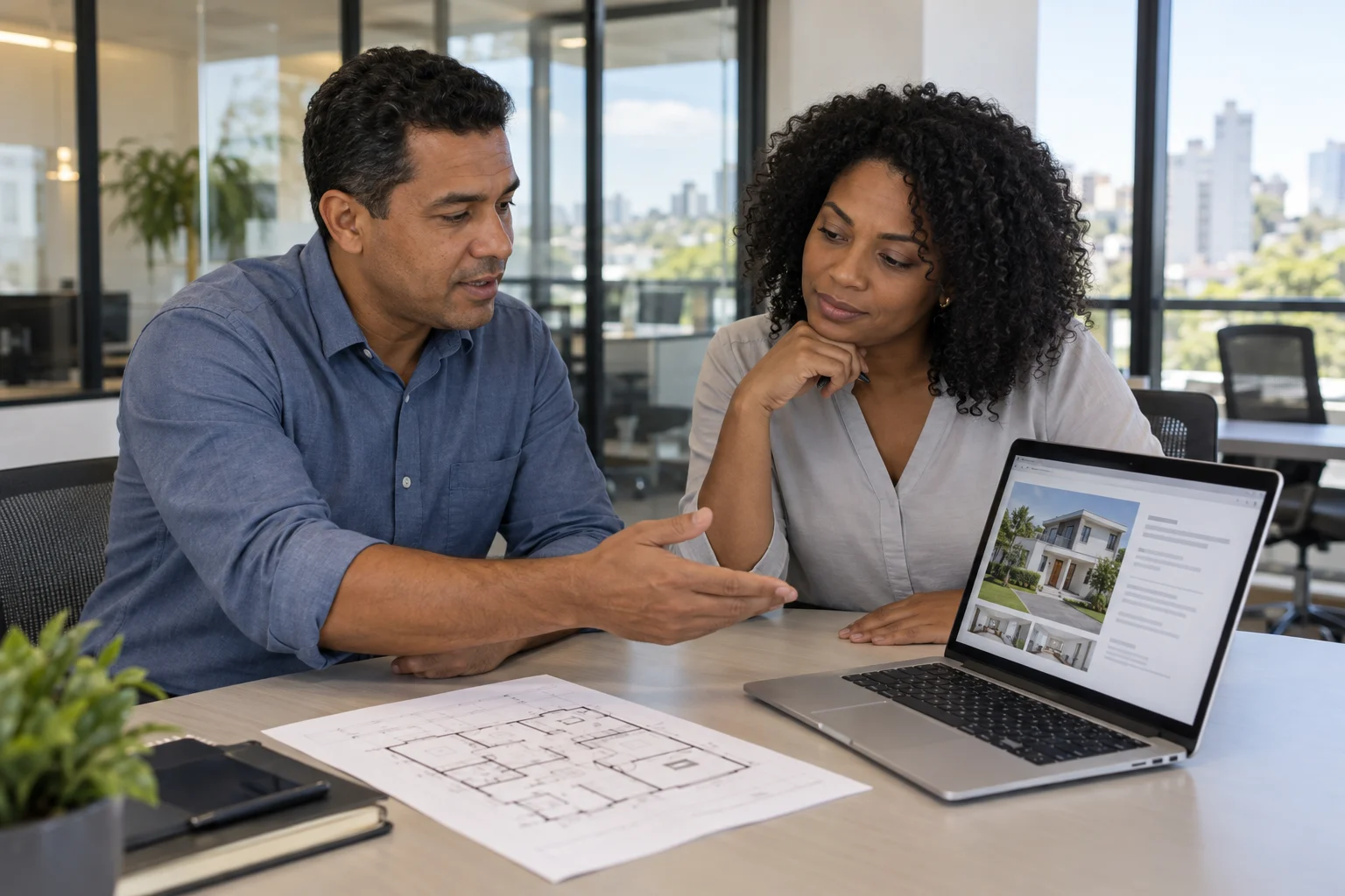 Brazilian professionals reviewing a property listing in an office