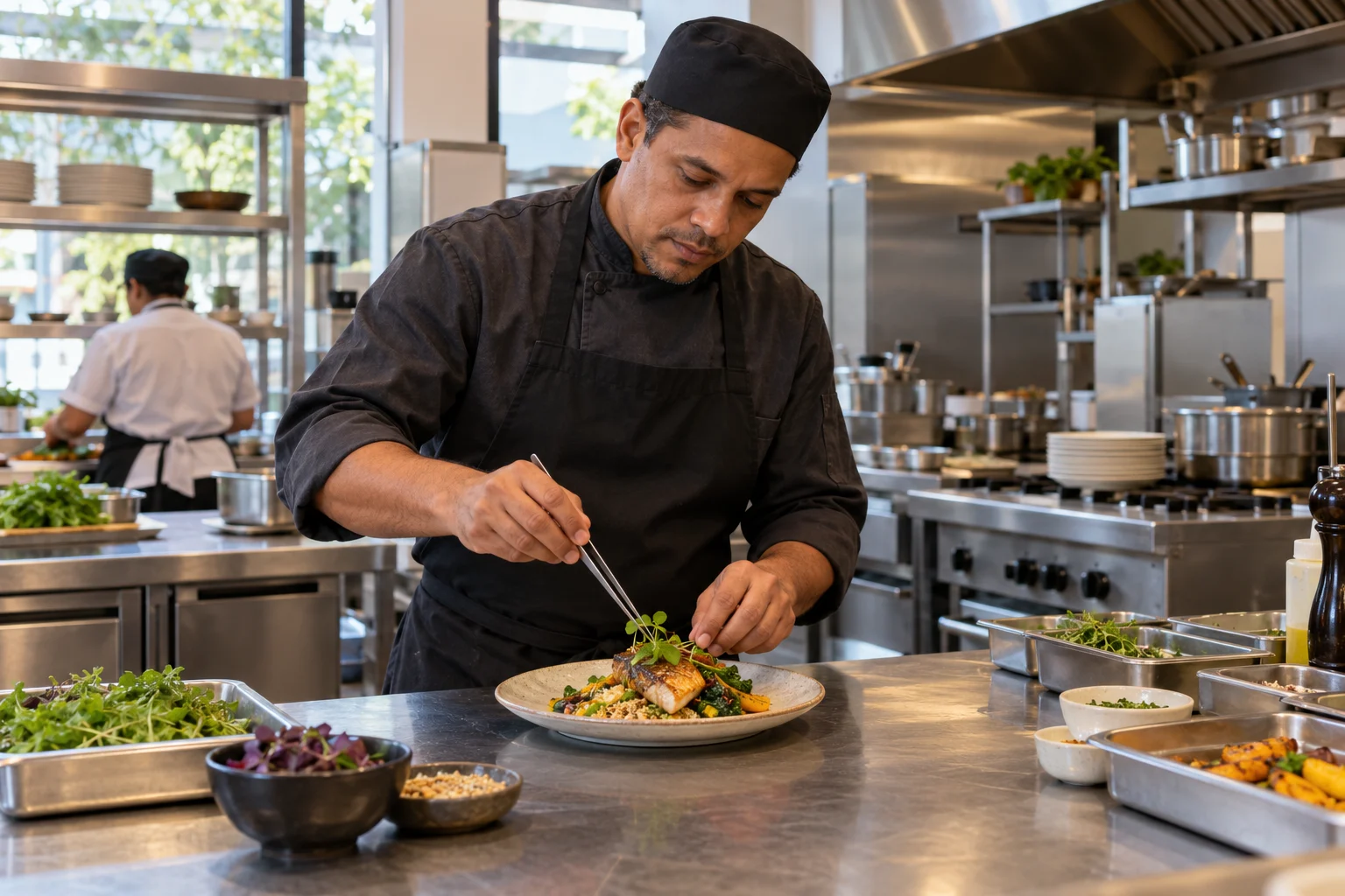 Profissional de cozinha brasileiro finalizando um prato num restaurante contemporâneo