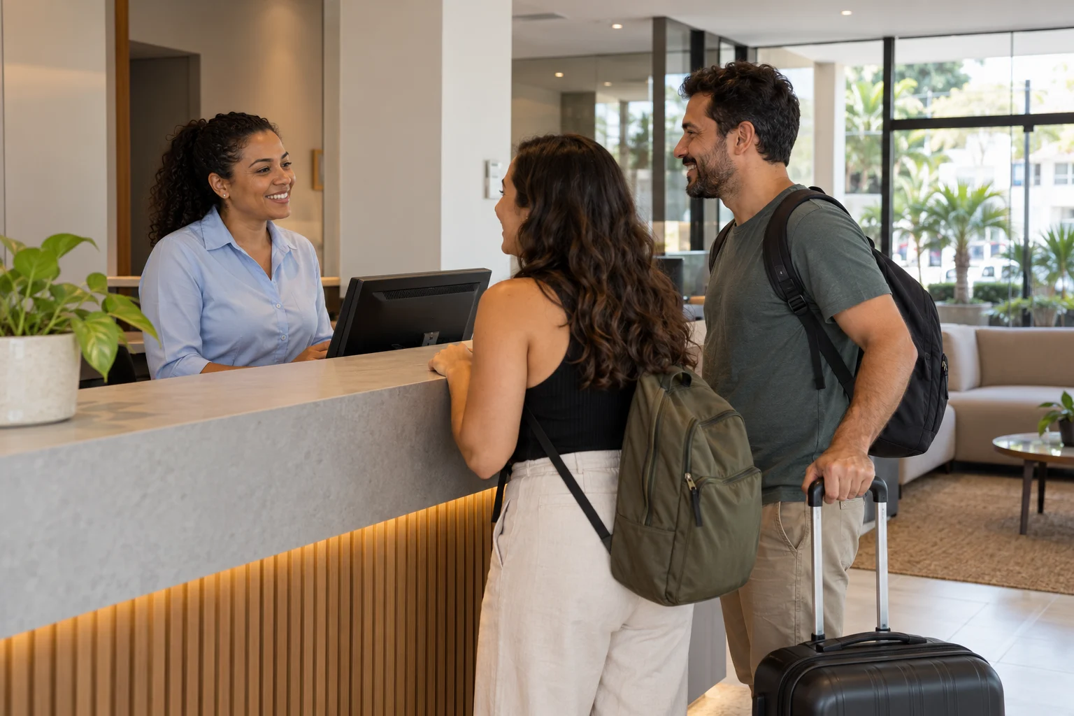 Brazilian receptionist welcoming adult guests at a contemporary hotel