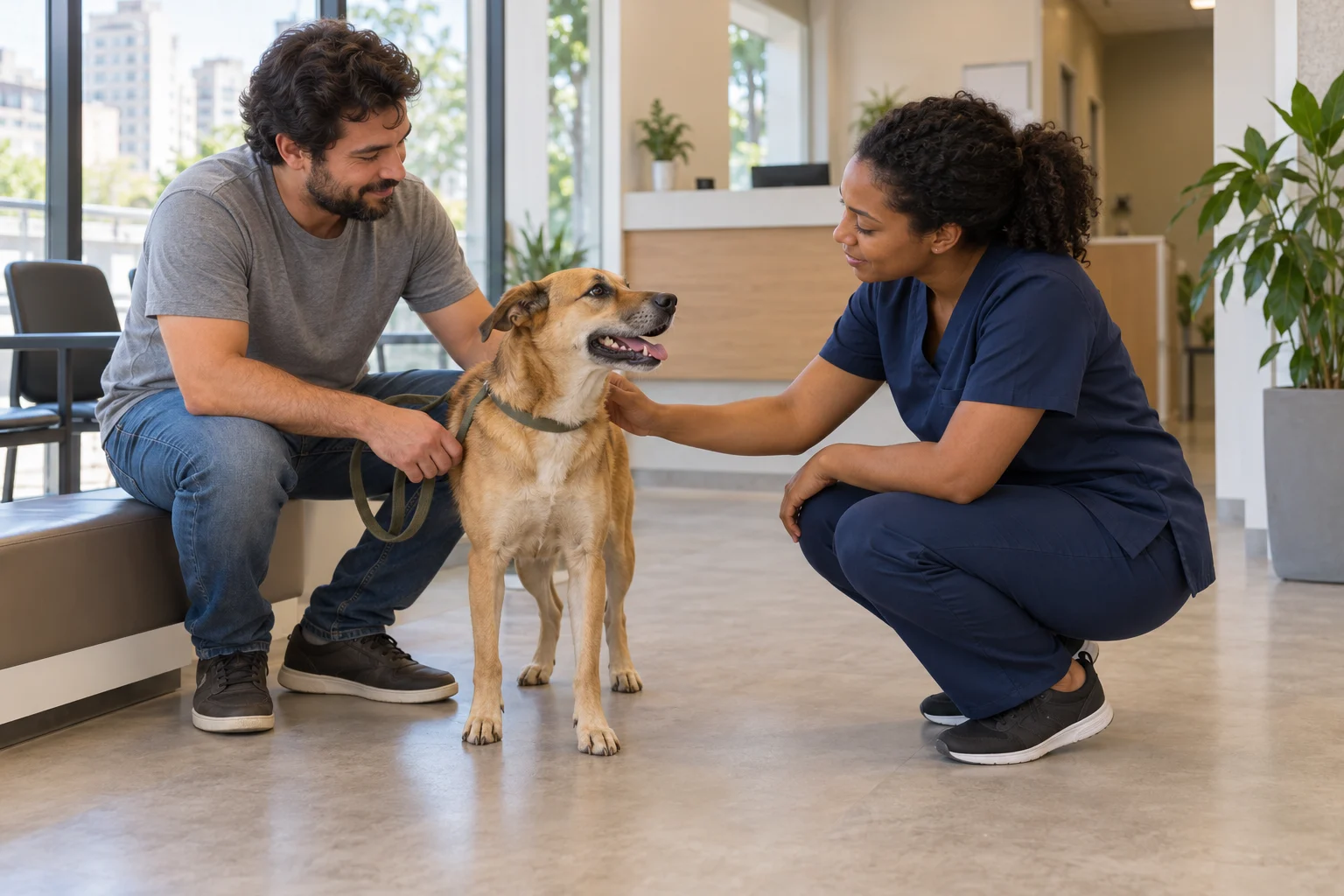 Veterinarian greeting a calm dog and its owner in a Brazilian clinic