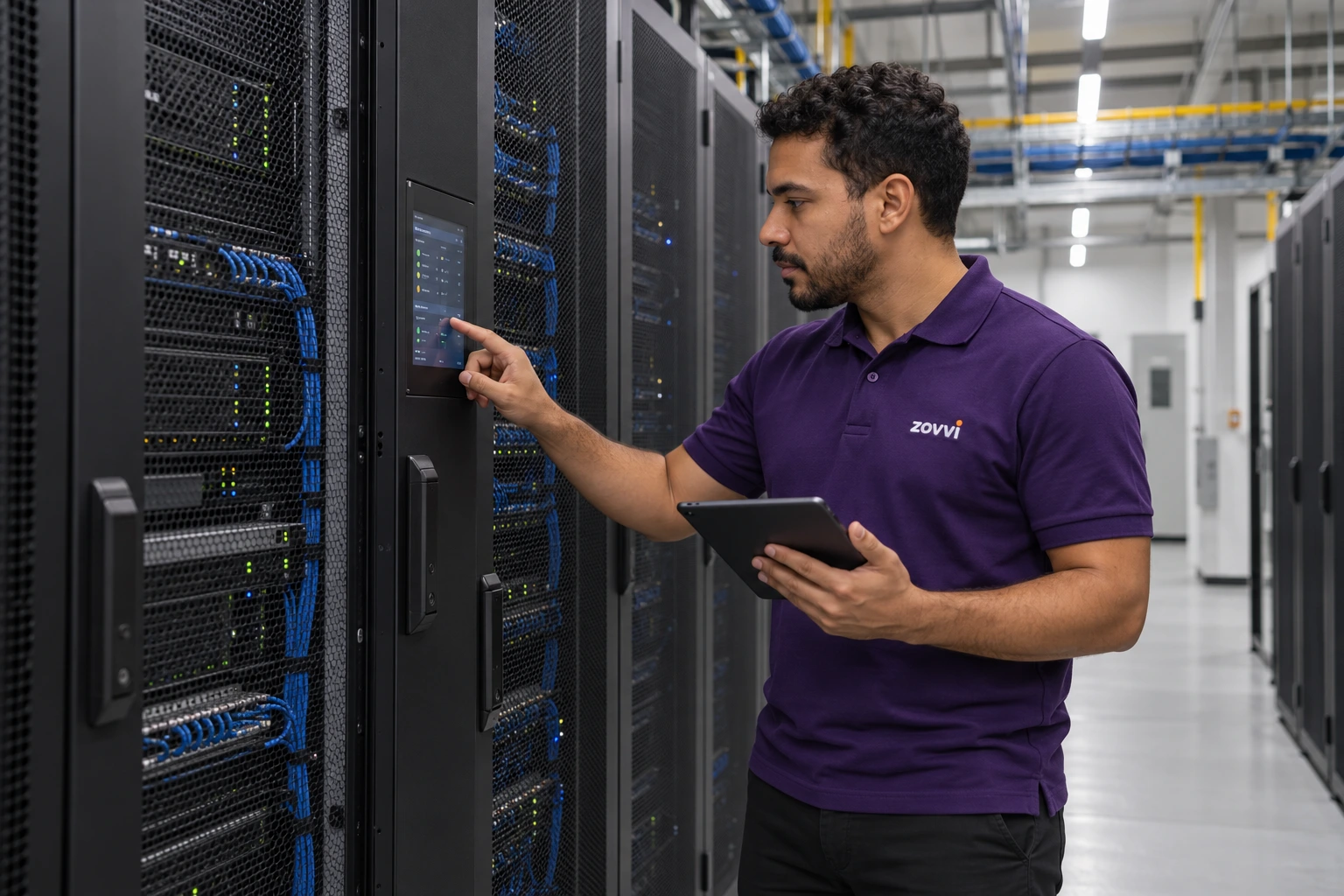 Professional checking a rack panel in a data center with organized cabling