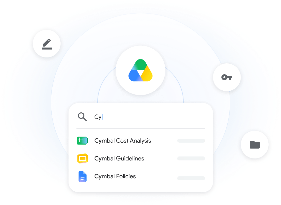 Imagen oficial de la búsqueda de Google Drive con documentos, hojas de cálculo y presentaciones