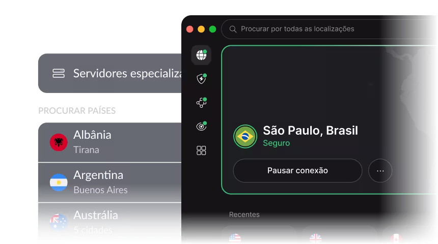 NordVPN app with Brazil selected and a list of locations.